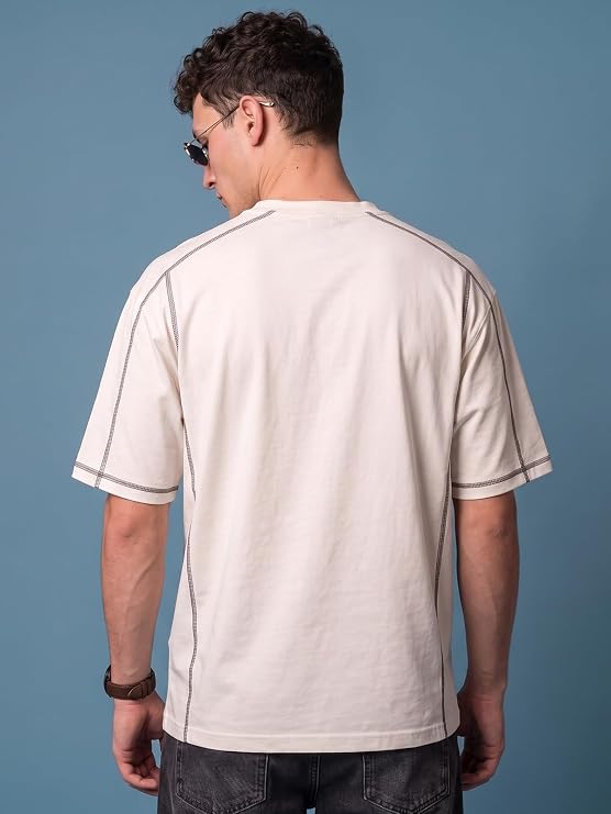 Men’s White Oversized Spun Cotton T-Shirt with Piping & Front Print – Relaxed Fit Streetwear Tee