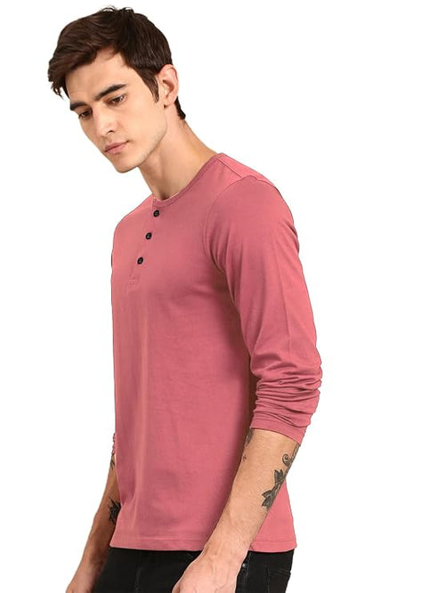 Men’s Full Sleeve Henley Neck Cotton Blend T-Shirt – Solid Regular Fit Casual Wear