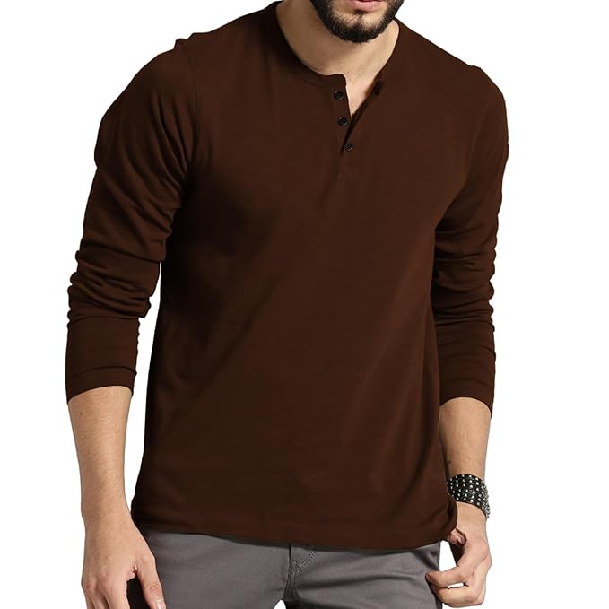 Men’s Full Sleeve Henley Neck Cotton Blend T-Shirt – Solid Regular Fit