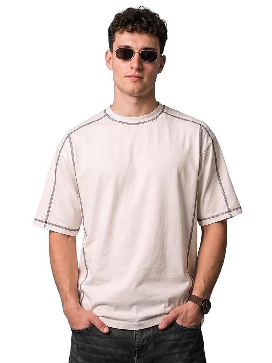 Men’s White Oversized Spun Cotton T-Shirt with Piping & Front Print – Relaxed Fit Streetwear Tee