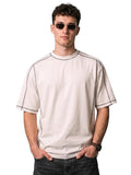Men’s White Oversized Spun Cotton T-Shirt with Piping & Front Print – Relaxed Fit Streetwear Tee