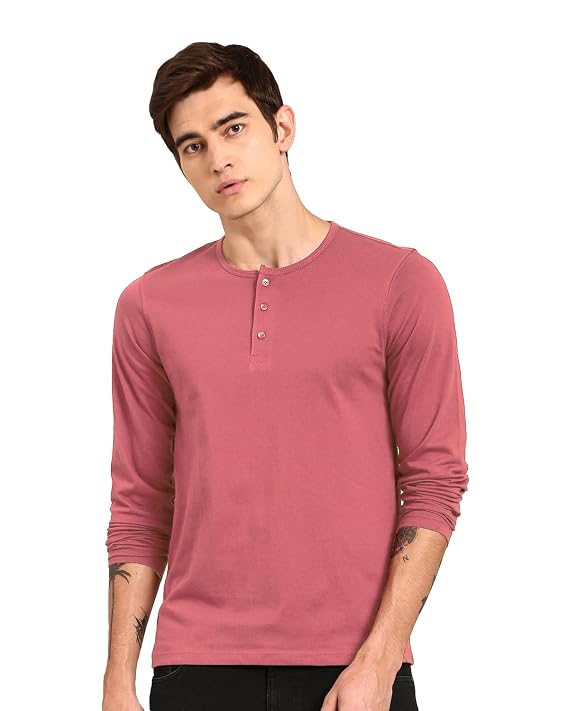 Men’s Full Sleeve Henley Neck Cotton Blend T-Shirt – Solid Regular Fit Casual Wear