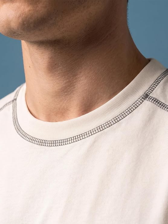Men’s White Oversized Spun Cotton T-Shirt with Piping & Front Print – Relaxed Fit Streetwear Tee