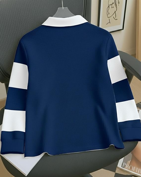 Men’s Stylish Half-Zip Textured Striped T-Shirt – Full Sleeve Collared Neck Casual Wear