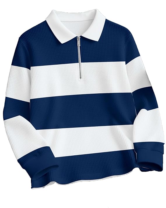 Men’s Stylish Half-Zip Textured Striped T-Shirt – Full Sleeve Collared Neck Casual Wear